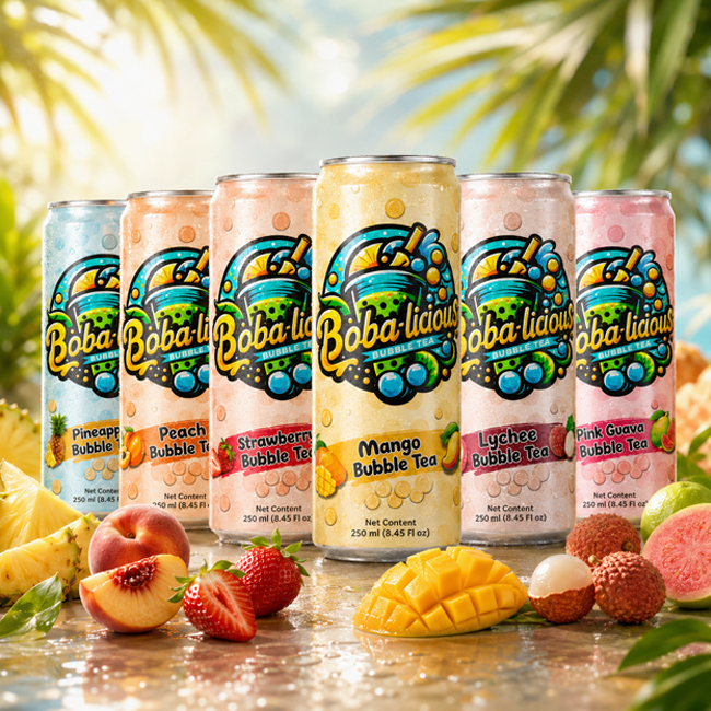 Bobalicious 250ml canned bubble tea range with mango, strawberry, peach, pineapple, lychee and pink guava flavours displayed with fresh tropical fruits.